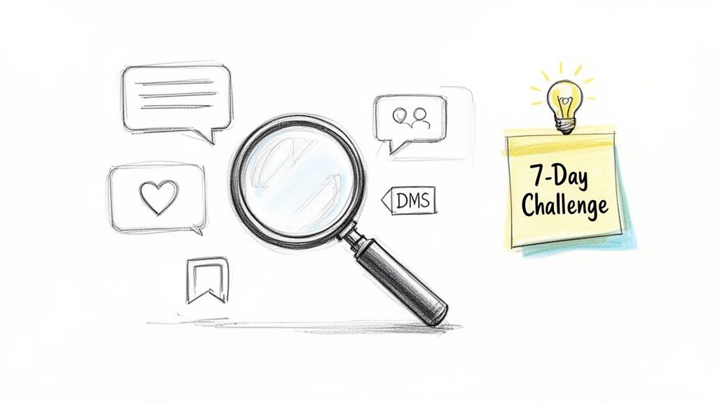 A sketch shows a magnifying glass examining social media icons and a '7-Day Challenge' idea.