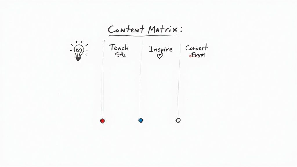 A hand-drawn content matrix for digital marketing, with columns for Teach, Inspire, and Convert content types.