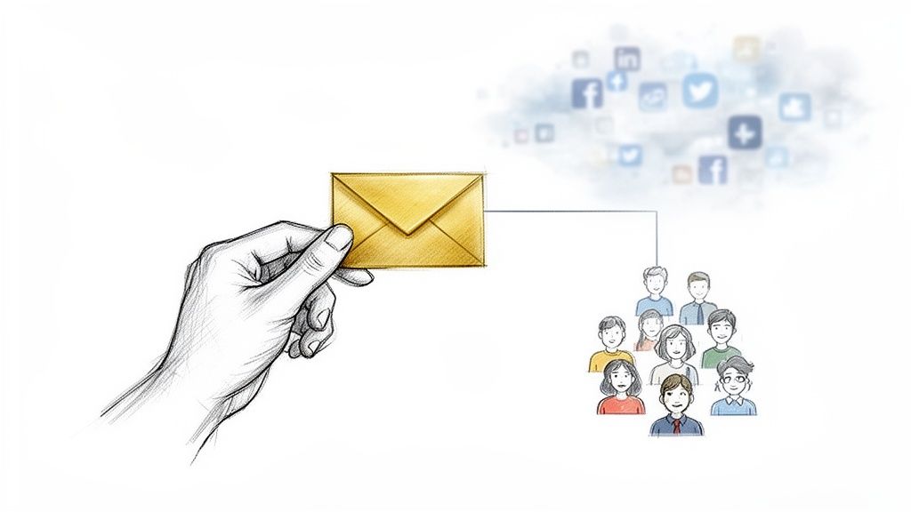 Illustration of an email being sent from a hand to a target audience and social media platforms.