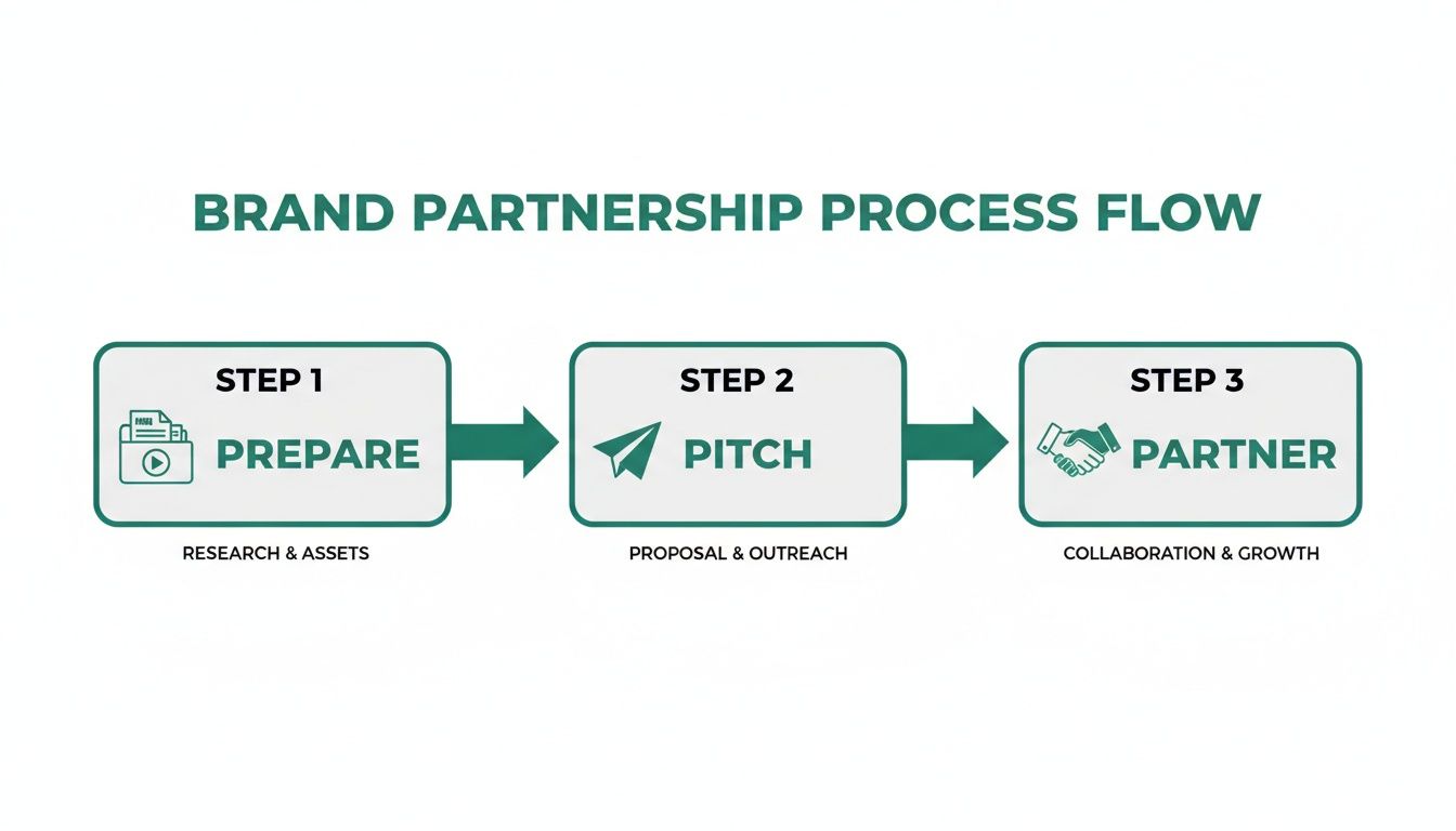 A three-step flowchart illustrating the brand partnership process, including prepare, pitch, and partner stages.