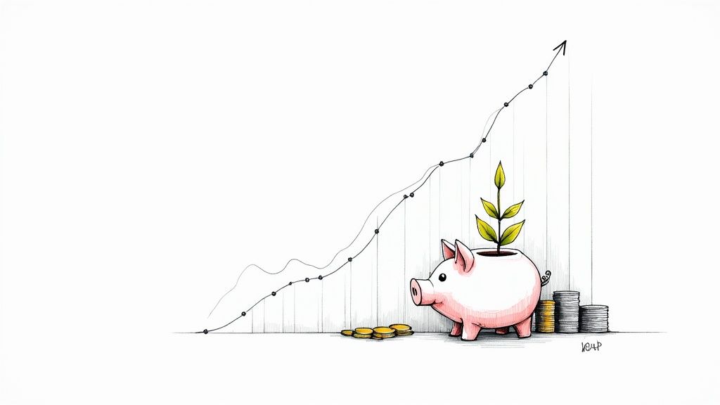 A hand-drawn illustration of a piggy bank with a growing plant and a rising financial graph, symbolizing savings and investment growth.