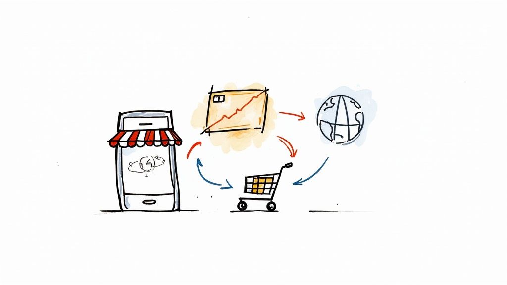 Hand-drawn illustration depicting the e-commerce cycle: mobile store, sales chart, shopping cart, and globe.