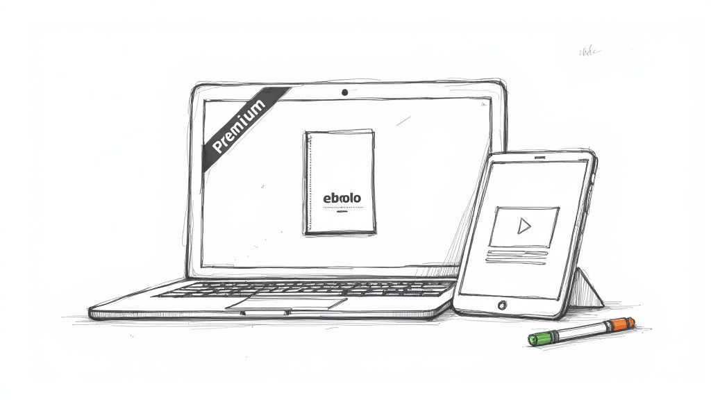 Illustration of a laptop and tablet showcasing premium digital products and multimedia content.
