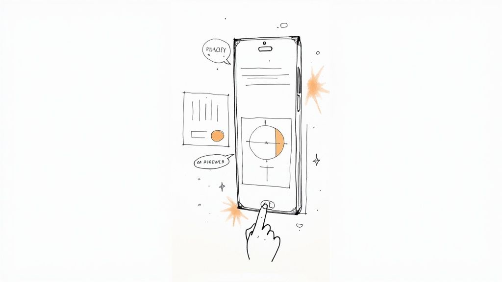 A hand interacts with a sketched smartphone displaying app UI elements and data visualization.