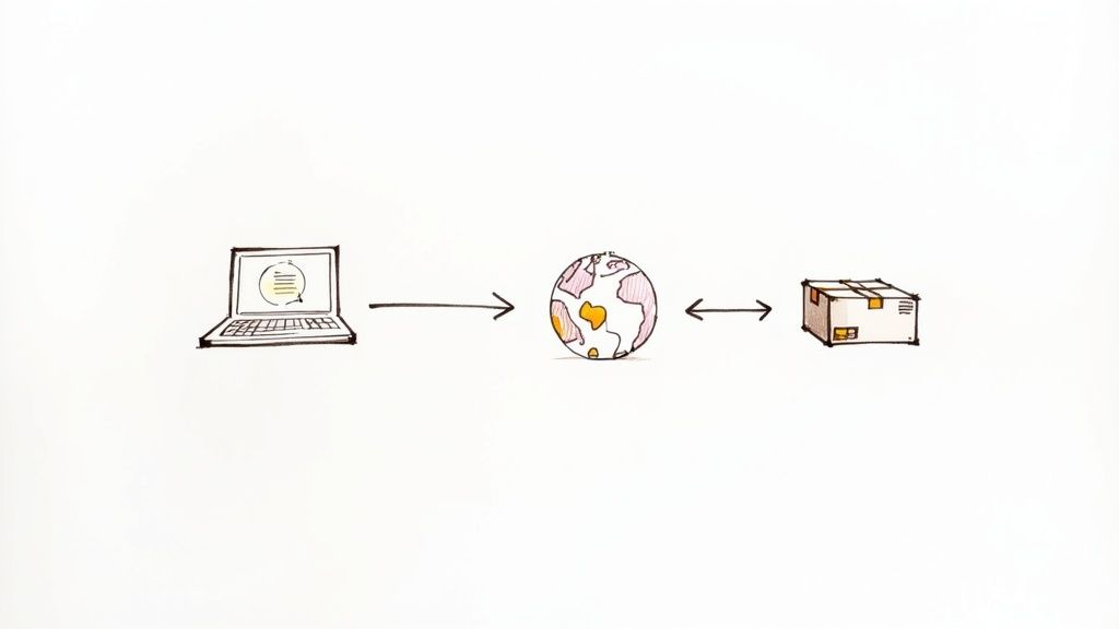 A diagram illustrating the process of online shopping or e-commerce with a laptop, globe, and package.