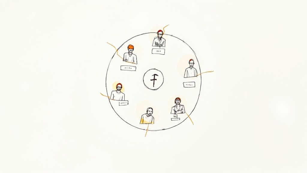 Diverse students collaborating around central hub in cohort-based online learning community illustration