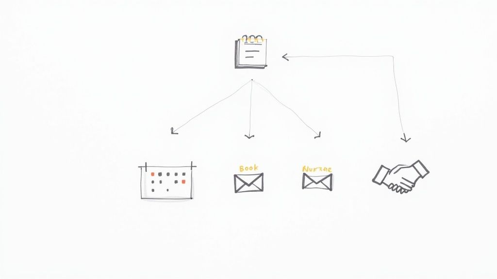A hand-drawn diagram showing a top calendar icon linking to a bottom calendar, two emails, and a handshake.