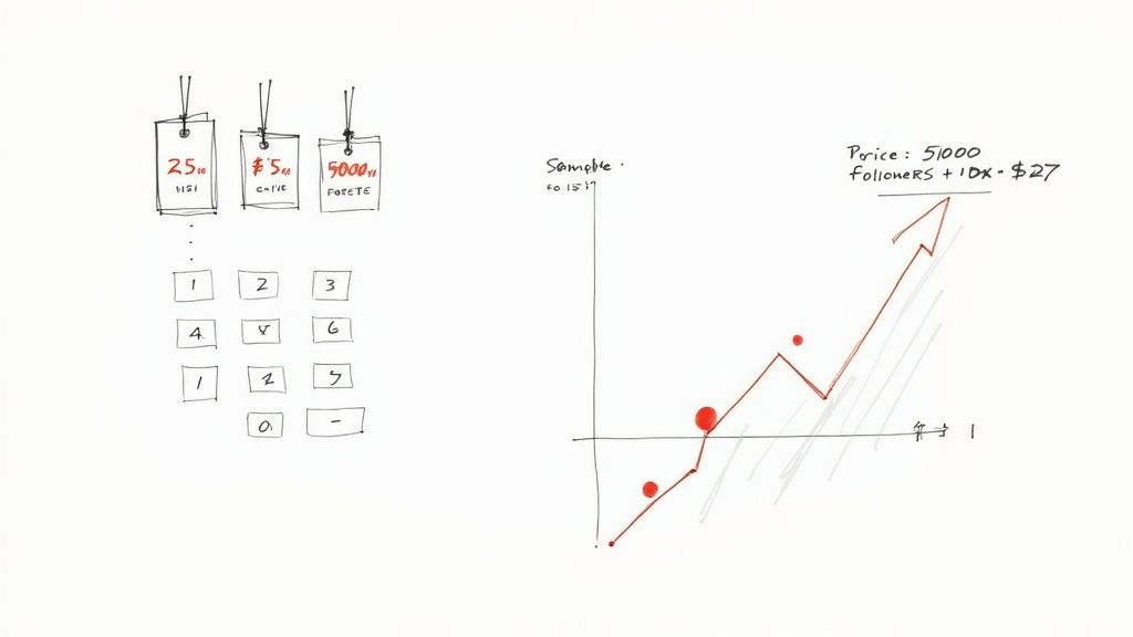 A creator using a calculator on a tablet, with charts and revenue projections in the background, symbolizing financial forecasting.