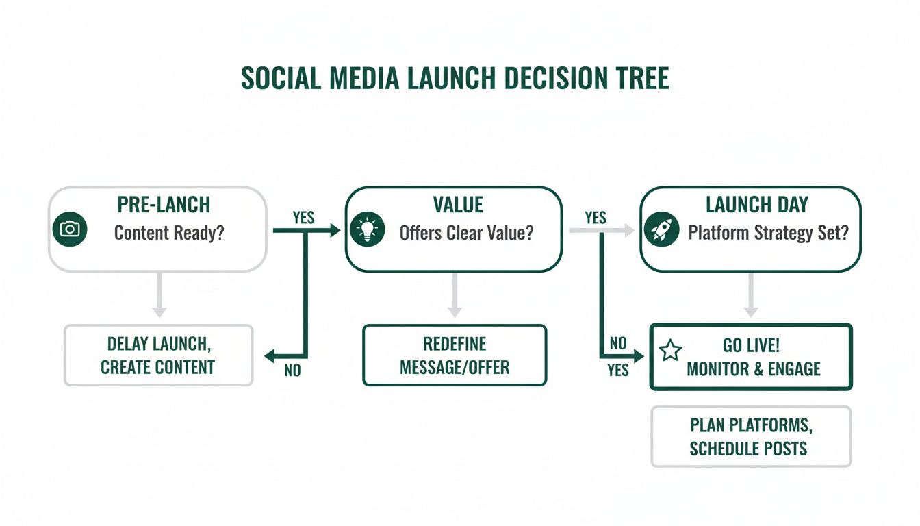 Flowchart illustrating a social media launch decision tree with pre-launch, value, and launch day stages.
