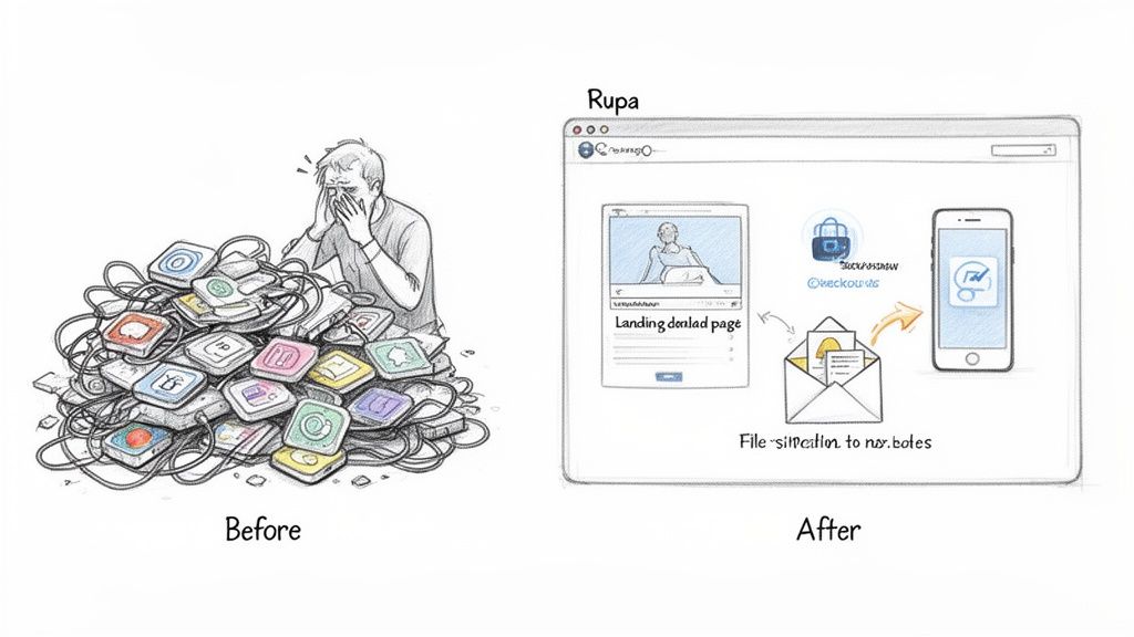 Man stressed by many tangled physical devices versus a clear, organized digital screen with simplified software.