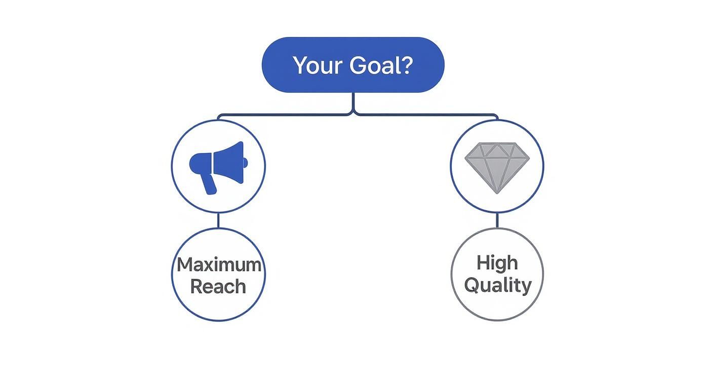 A flowchart showing two marketing goals: maximum reach (megaphone) or high quality (diamond).