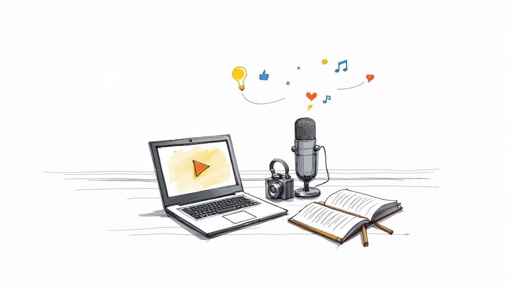 Sketch illustration showing a laptop, microphone, headphones, camera, and open book, symbolizing content creation.