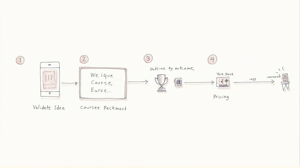 A hand-drawn diagram illustrating a four-step process for creating an online course.
