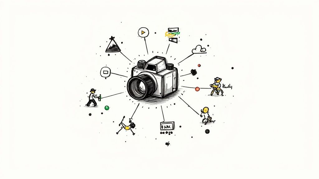 A stylized sketch of a camera at the center, surrounded by lines connecting to icons of various activities and media.
