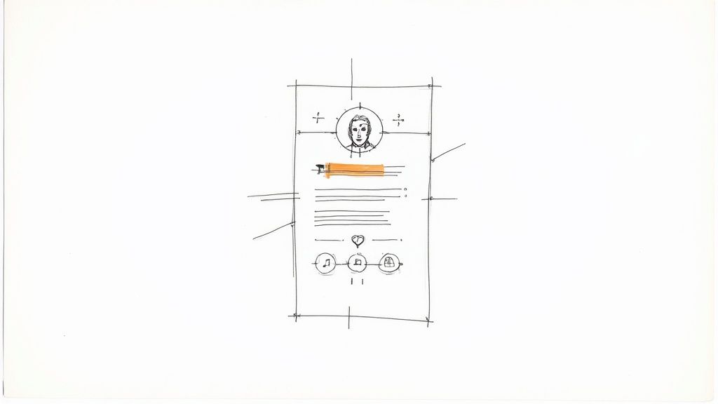 Hand-drawn sketch of a mobile app user profile screen with a profile picture, highlighted name, text, and interactive icons.