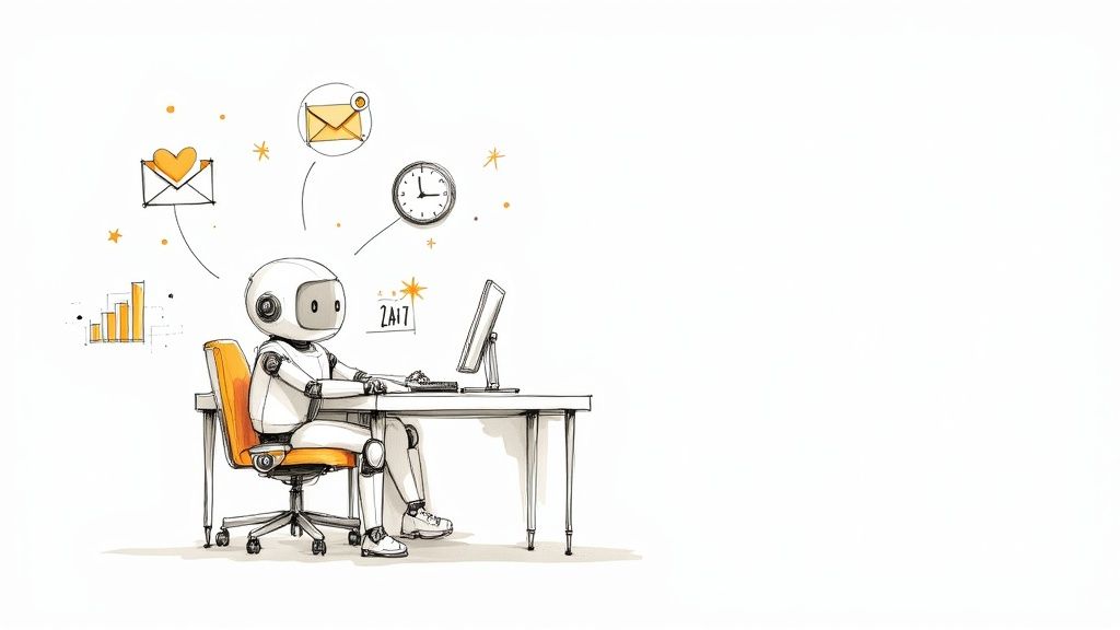 A sketch illustration of a robot sitting at a desk with a computer, surrounded by productivity icons.