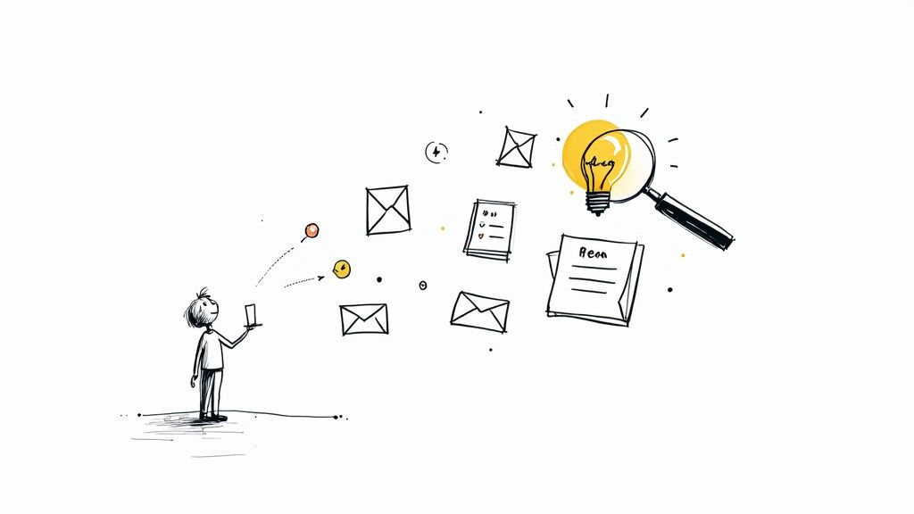 A minimalist drawing of a person interacting with digital content, leading to ideas and insights.