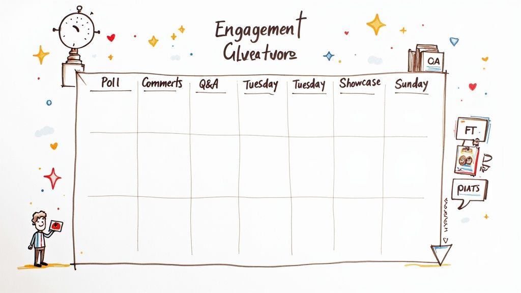 A hand-drawn weekly engagement calendar with columns for polls, comments, Q&A, and specific days.