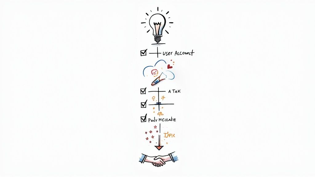 A person working on a laptop with a focused expression, representing a creator launching their first product.