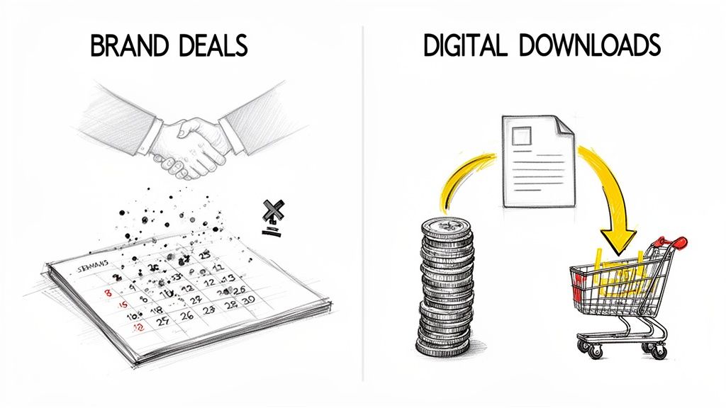 A comparison illustrating brand deals with a handshake and calendar, and digital downloads with coins and a shopping cart.