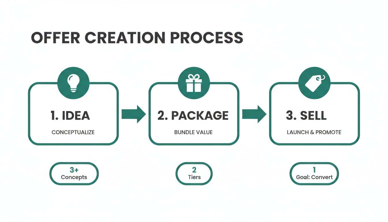 An infographic showing a 3-step offer creation process: Idea, Package, and Sell with key details.