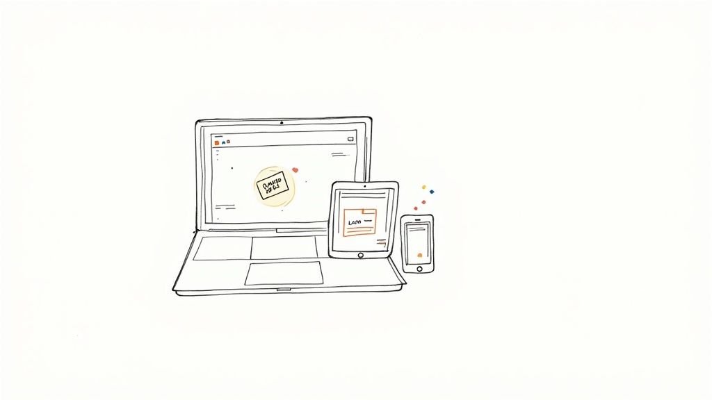 Hand-drawn illustration of a laptop, tablet, and smartphone displaying digital content and colorful elements.