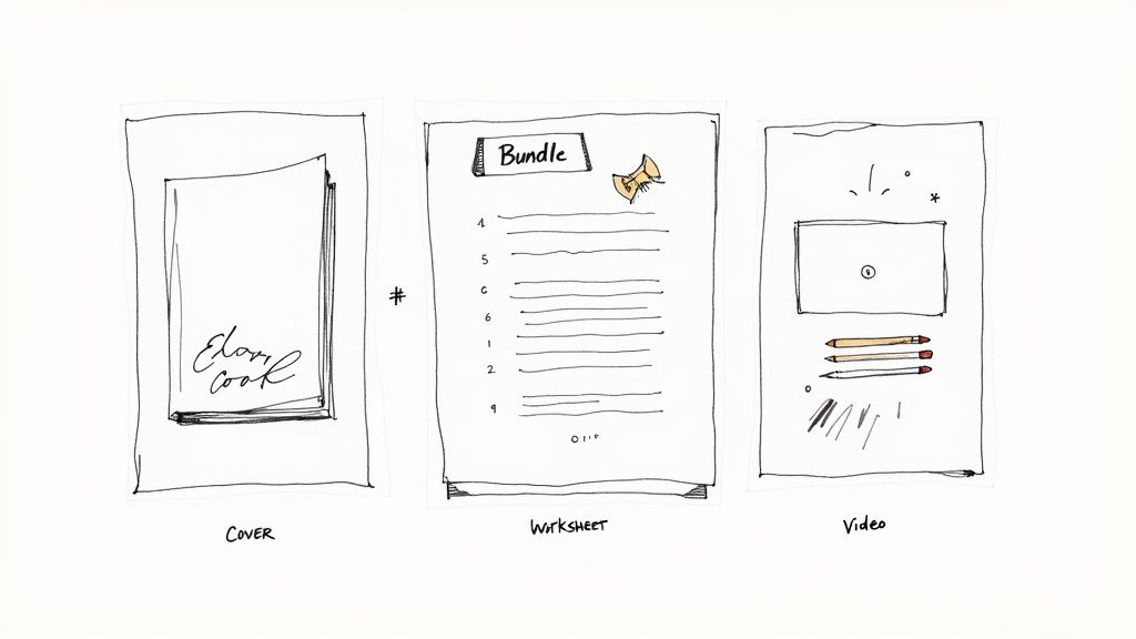 Sketches illustrating a digital product bundle: e-book cover, worksheet, and video lesson.