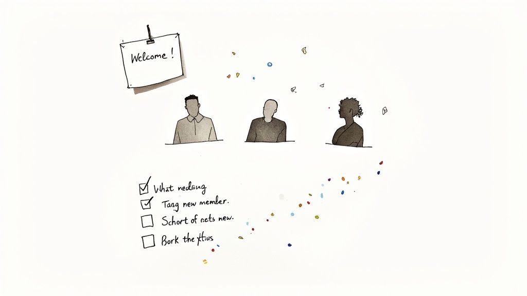 A hand-drawn illustration depicting three people at a table, a 'Welcome!' sign, and a checklist with confetti.