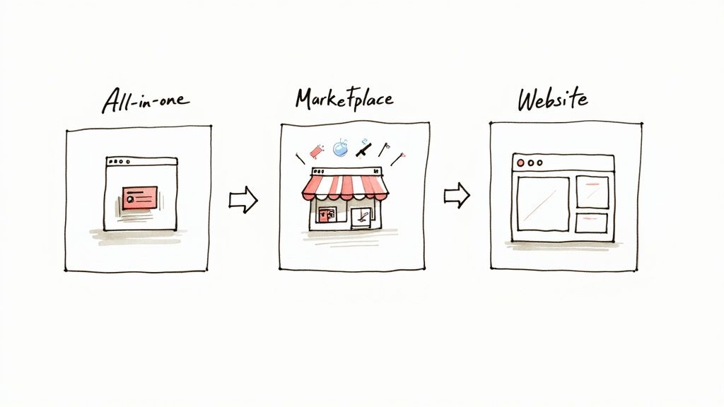 Visual explanation of online platform evolution, showing all-in-one, marketplace, and website options.