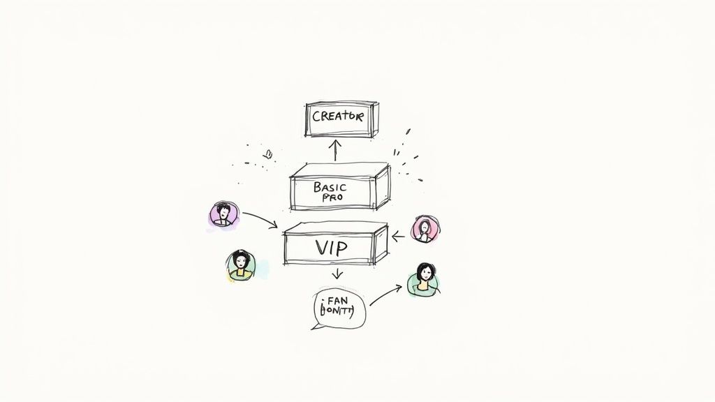 Hand-drawn diagram illustrating a content creator's monetization model with VIP, Basic Pro, and fan levels.