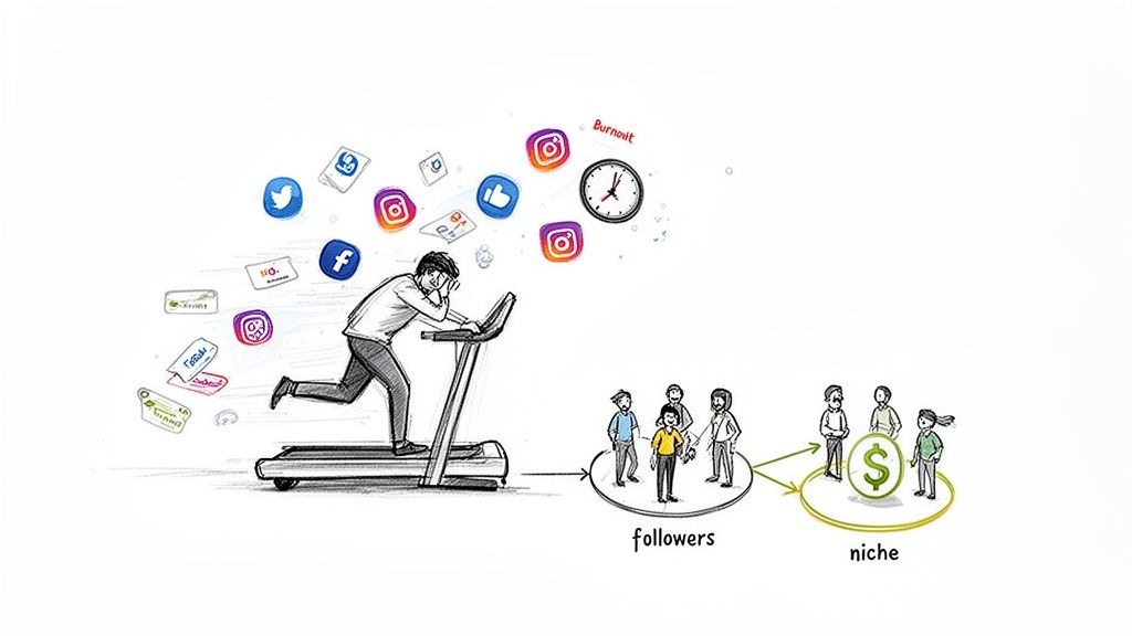 Exhausted person on treadmill, surrounded by social media logos, leading to followers and a profitable niche.
