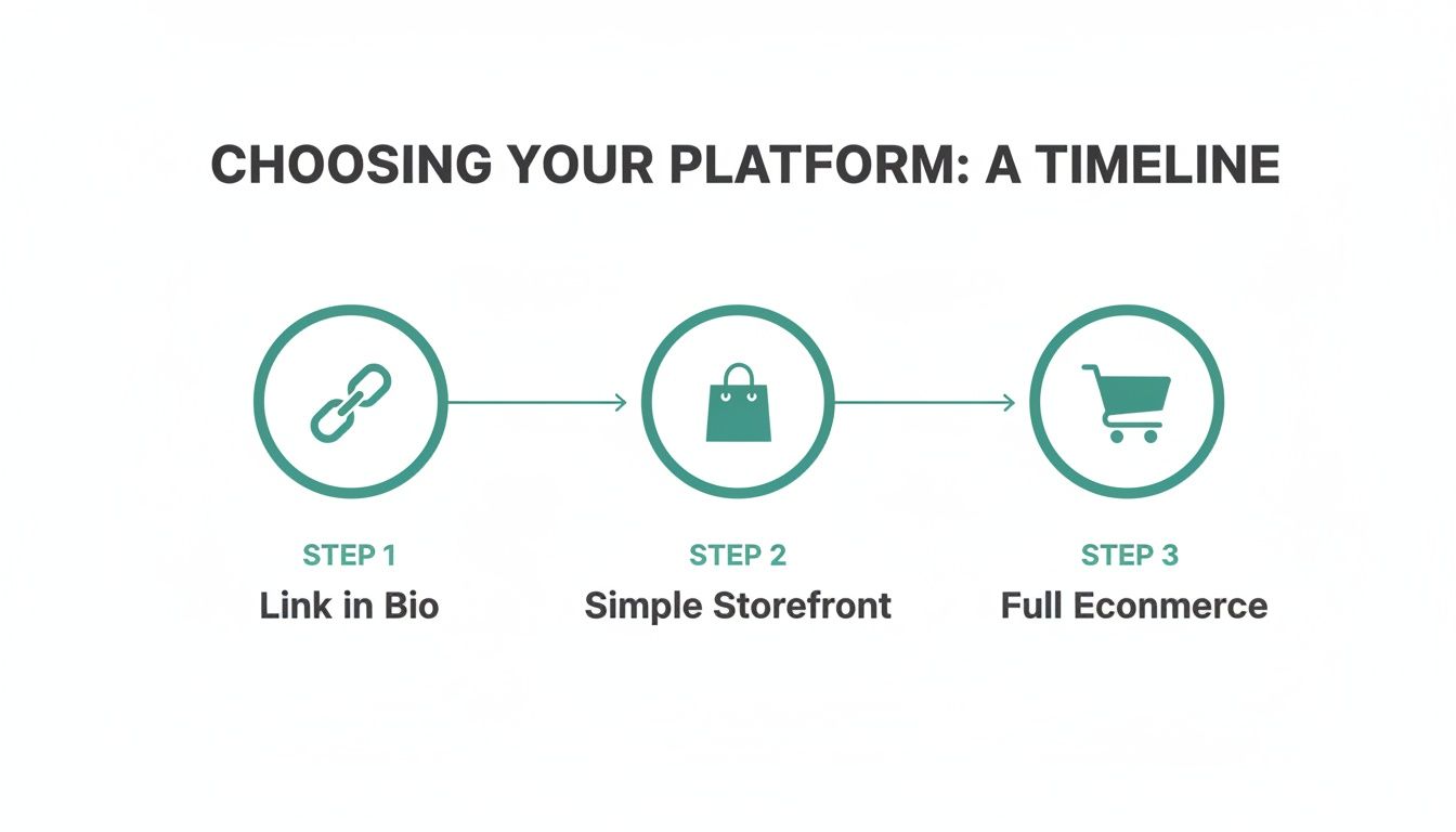 A visual timeline outlining three steps for choosing an online selling platform: Link in Bio, Simple Storefront, and Full Ecommerce.