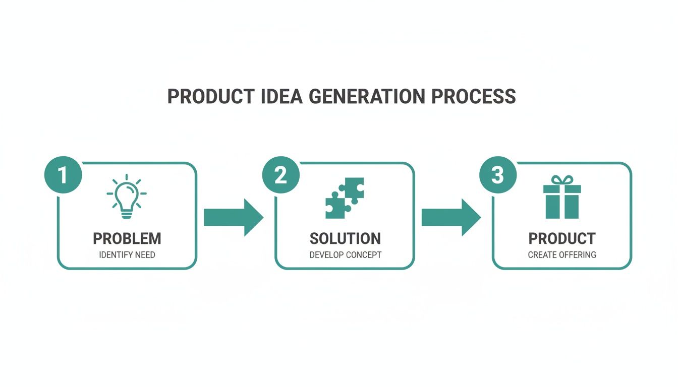 A three-step diagram illustrating the product idea generation process from problem identification to product creation.