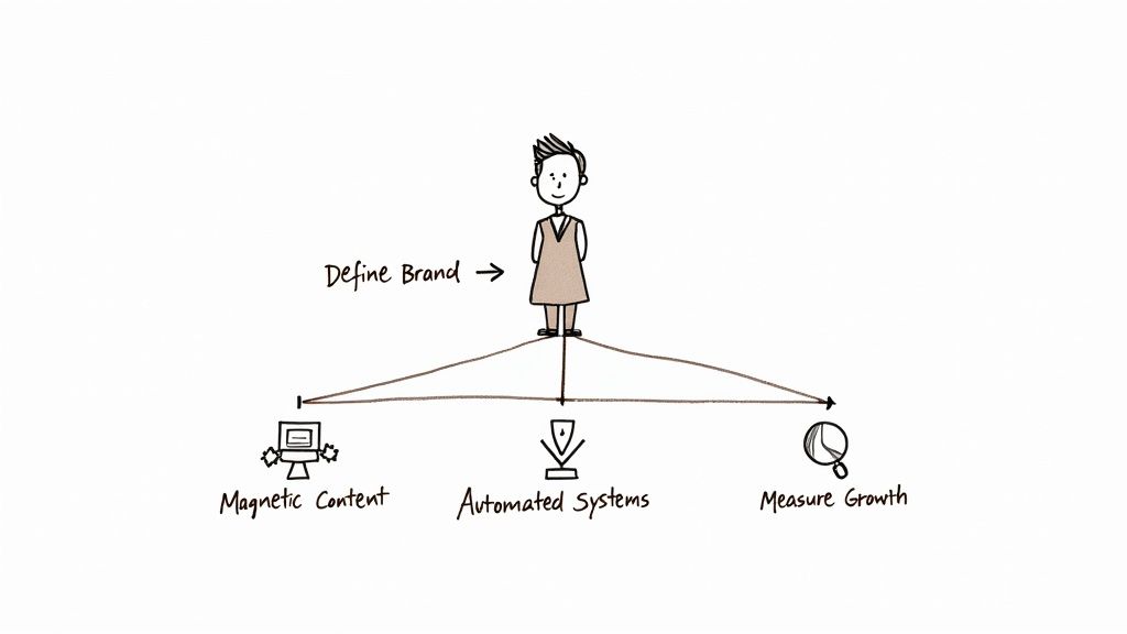 A diagram showing 'Define Brand' as a central figure connected to 'Magnetic Content', 'Automated Systems', and 'Measure Growth'.