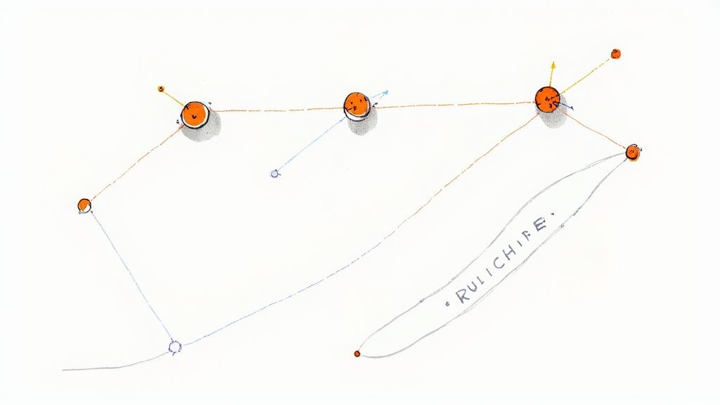 Network diagram showing three connected orange nodes with arrows pointing to smaller satellite nodes