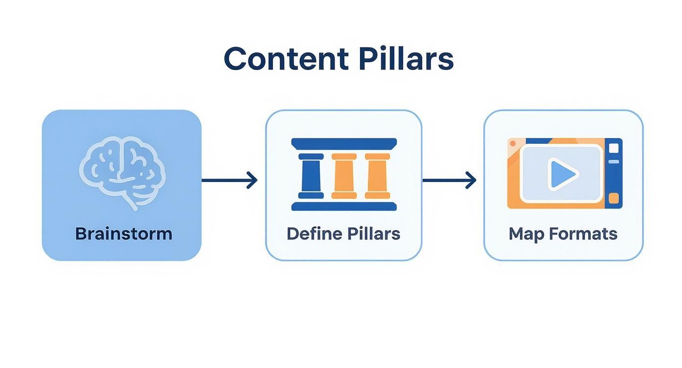 Content pillars workflow diagram showing three steps: brainstorm, define pillars, and map formats with icons