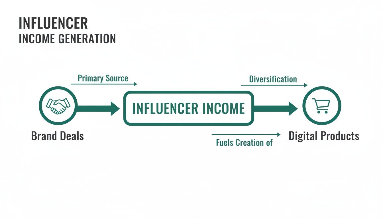 Diagram showing influencer income generation: Brand Deals as primary source, leading to Influencer Income, which fuels creation and diversification into Digital Products.