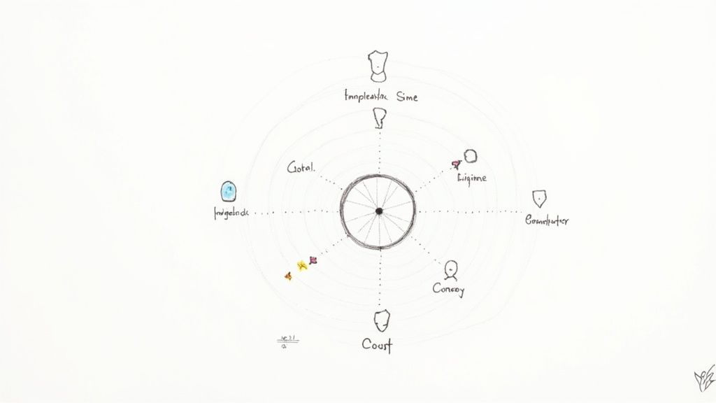 Hand-drawn radial diagram with a central wheel, showing abstract shapes and labels around it.