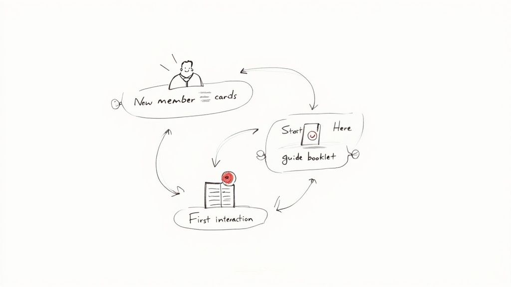 Hand-drawn diagram showing new member onboarding process with cards, guide booklet, and first interaction steps