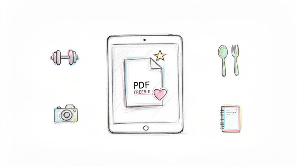 Hand-drawn icons of a tablet displaying a PDF freebie, dumbbell, camera, cutlery, and notebook on white.