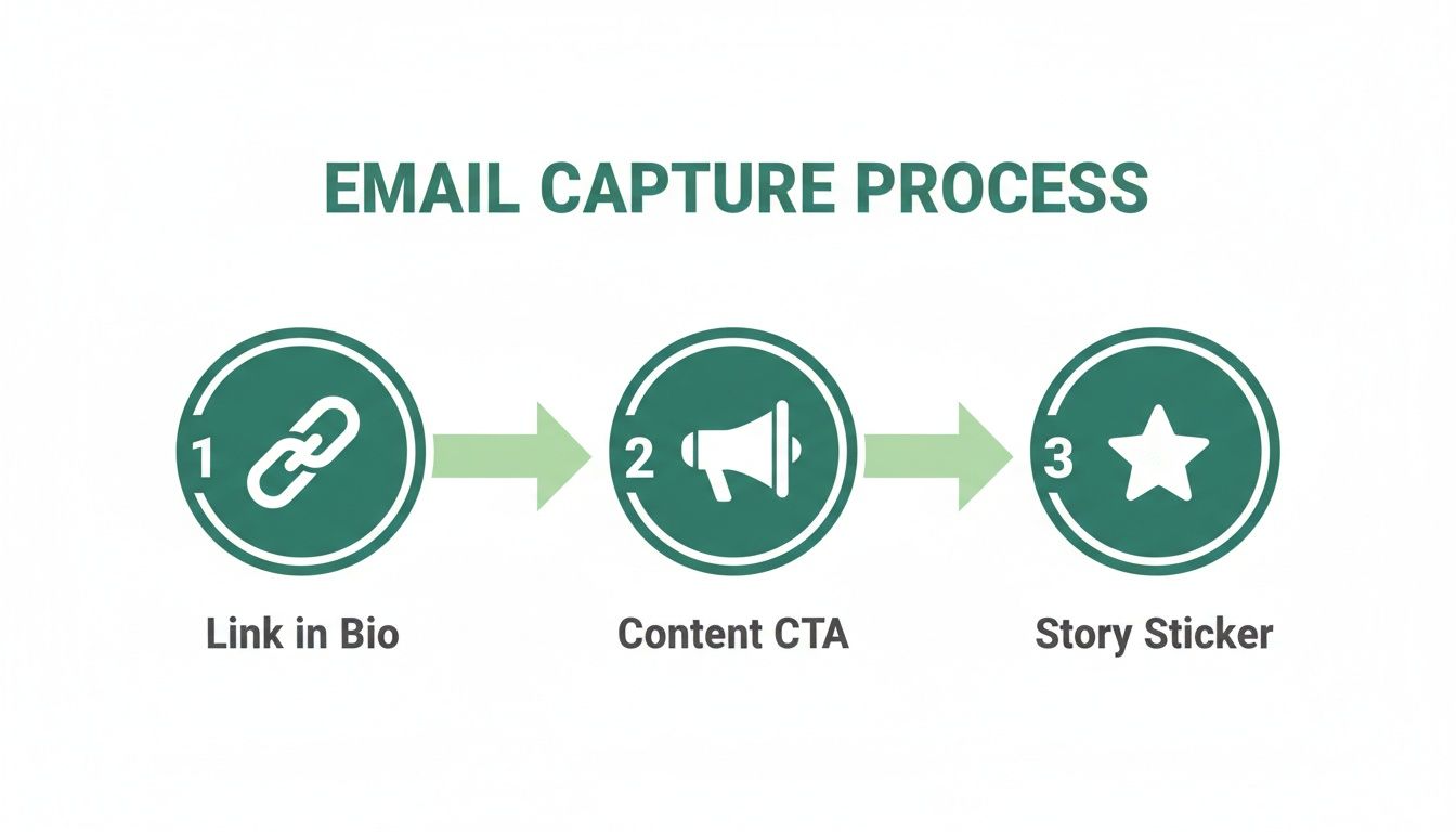 Diagram showing a three-step email capture process with Link in Bio, Content CTA, and Story Sticker.
