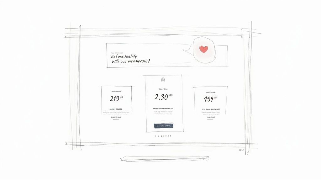 Wireframe sketch showing membership pricing tiers with heart icon and call to action button