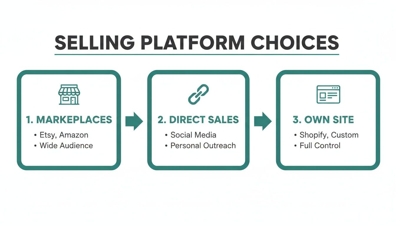 A flowchart illustrating three selling platform choices: marketplaces, direct sales, and an own site.