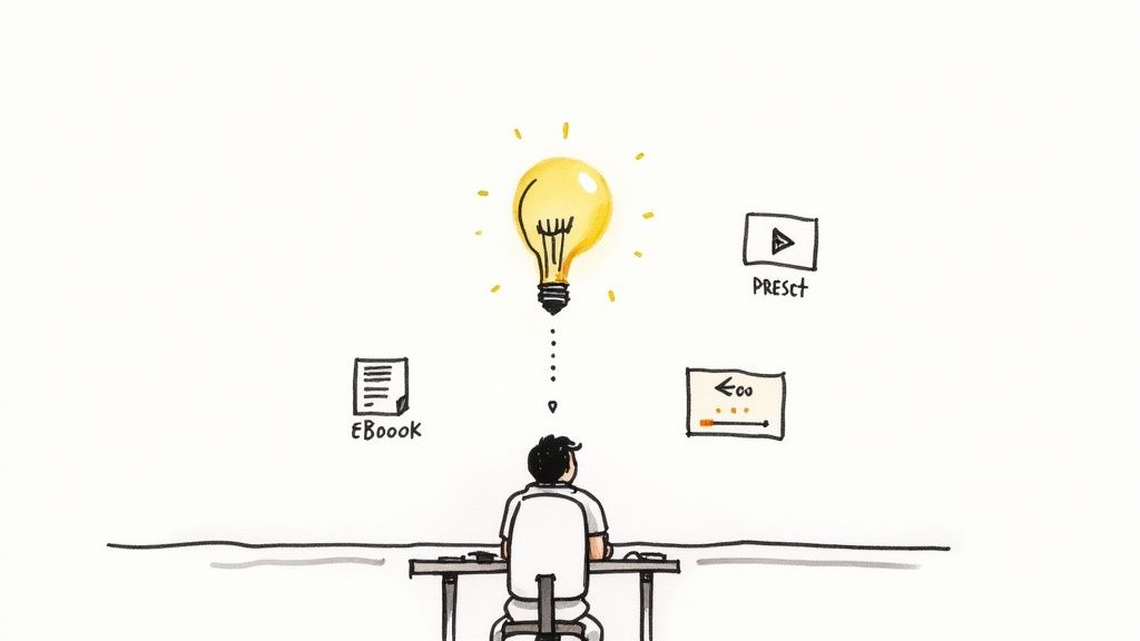 A person sitting at a desk with a lightbulb above their head, surrounded by icons for an ebook, preset, and course.