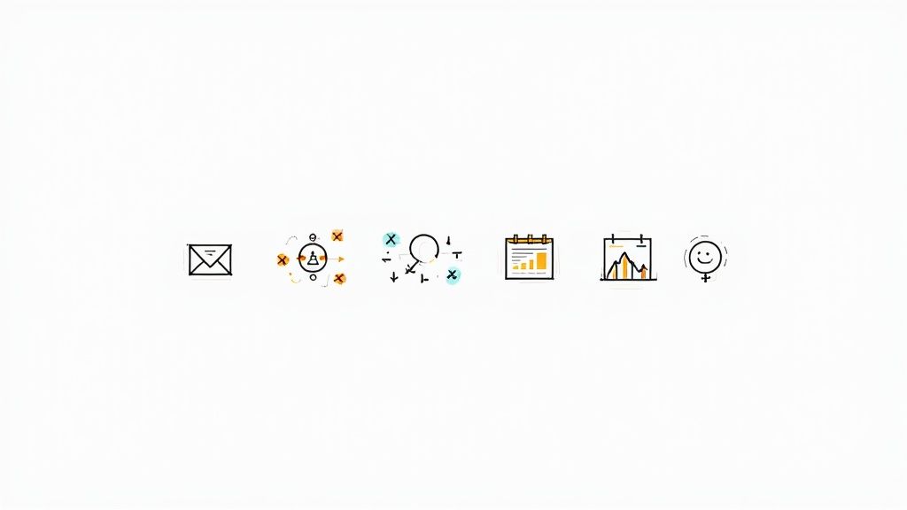 A row of marketing automation icons: email, customer data, analytics, calendar, graphs, and a happy customer.