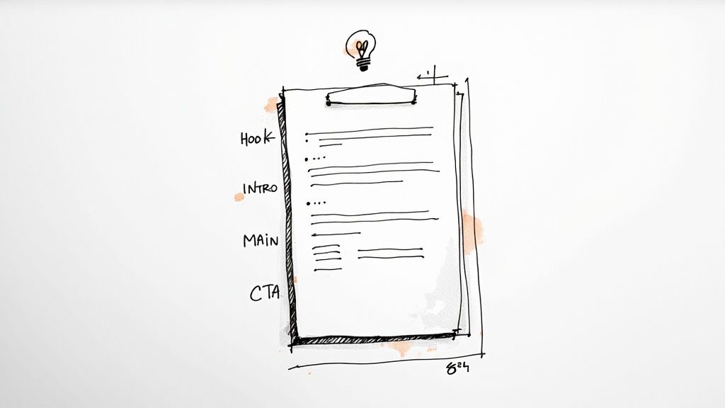 A hand-drawn outline of a video script template on a clipboard with sections for hook, intro, main, and CTA.