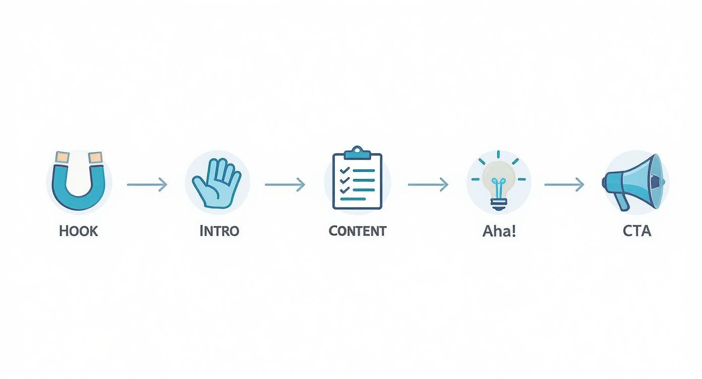 A diagram illustrating a video script template process, including Hook, Intro, Content, Aha!, and CTA steps.