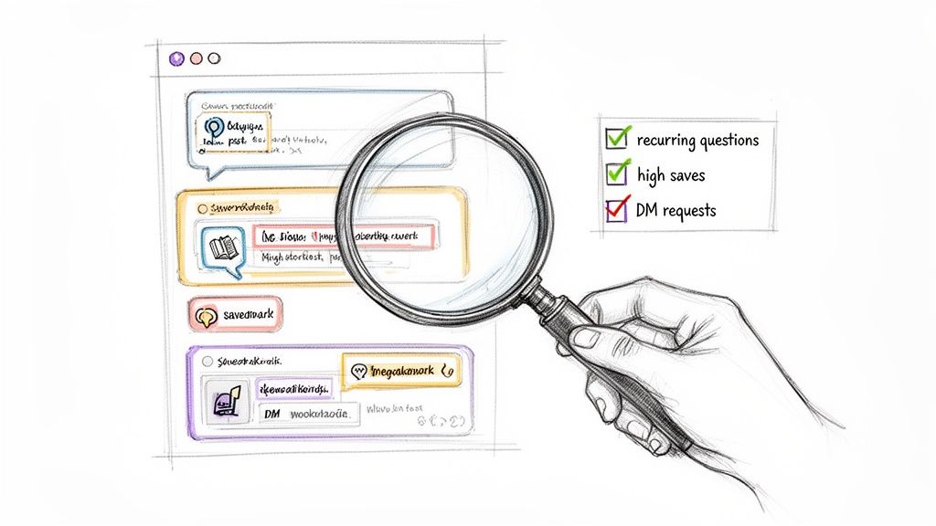 A hand holds a magnifying glass over a digital interface, analyzing content like recurring questions, high saves, and DM requests.