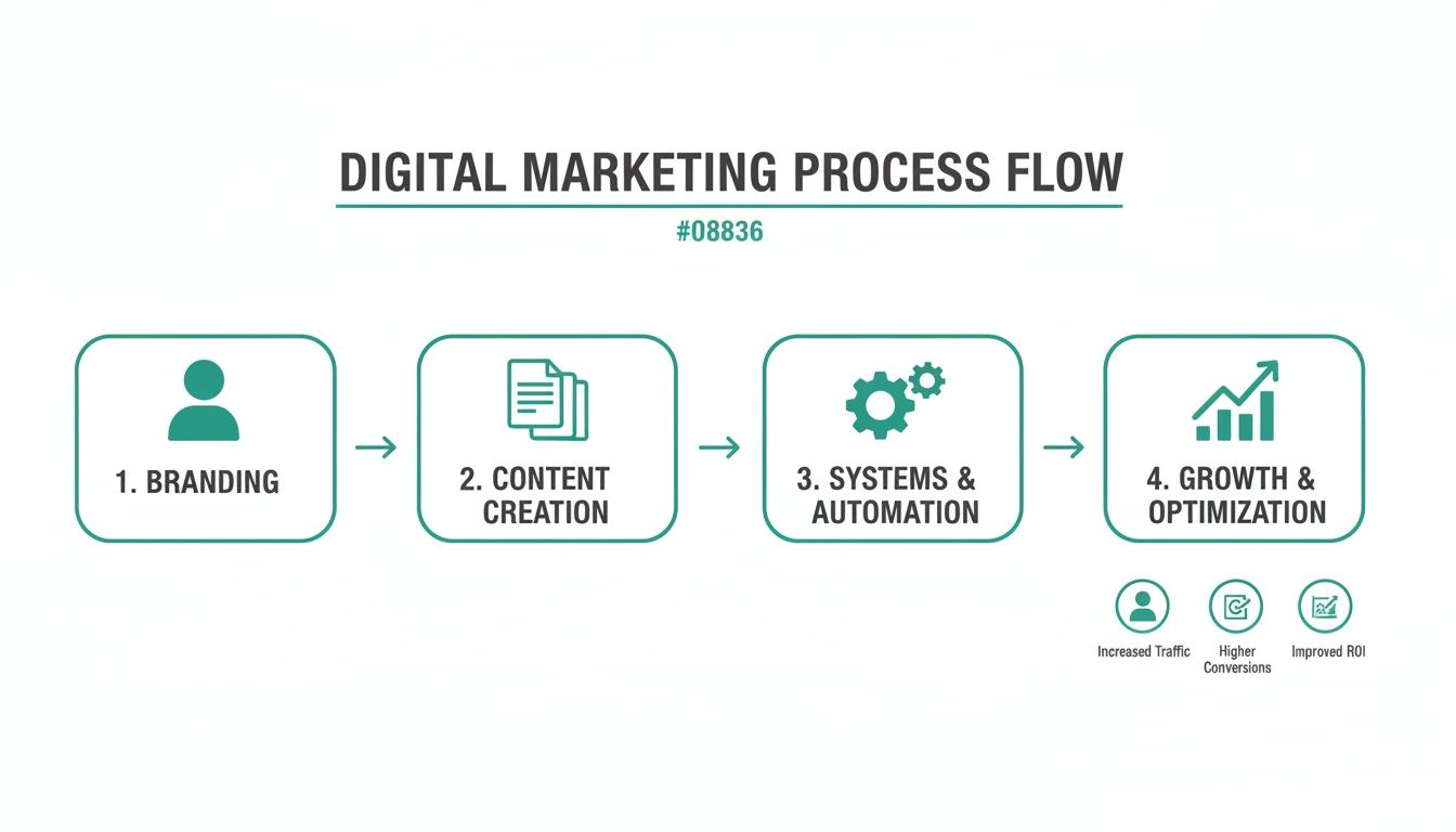 A digital marketing process flow diagram outlining steps from branding to growth and optimization for improved ROI.