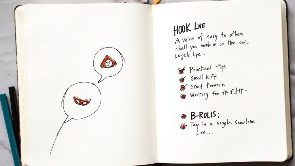 An open notebook displays handwritten notes, a checklist, and drawings of a face and a mask.